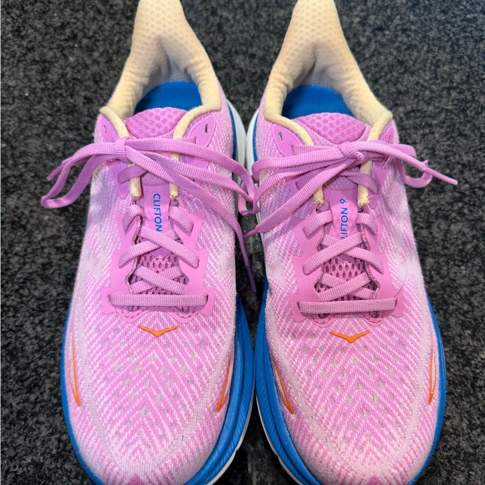 Hoka Clifton Pink and Blue Athletic Shoes with Cushioned Sole